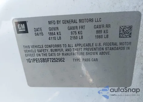 2015 Chevrolet Cruze 2Lt Auto из США, поврежденный, VIN 1G1PE5SB5F7252962